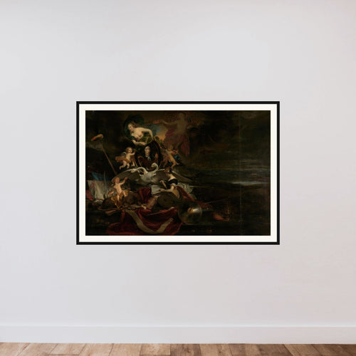 Allegory on the Dutch Raid on the Medway (1667), with a Portrait of Cornelis de Witt framed — shown to scale