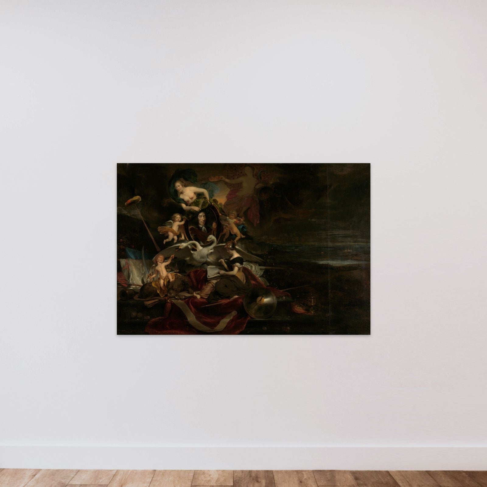 Allegory on the Dutch Raid on the Medway (1667), with a Portrait of Cornelis de Witt unframed — shown to scale