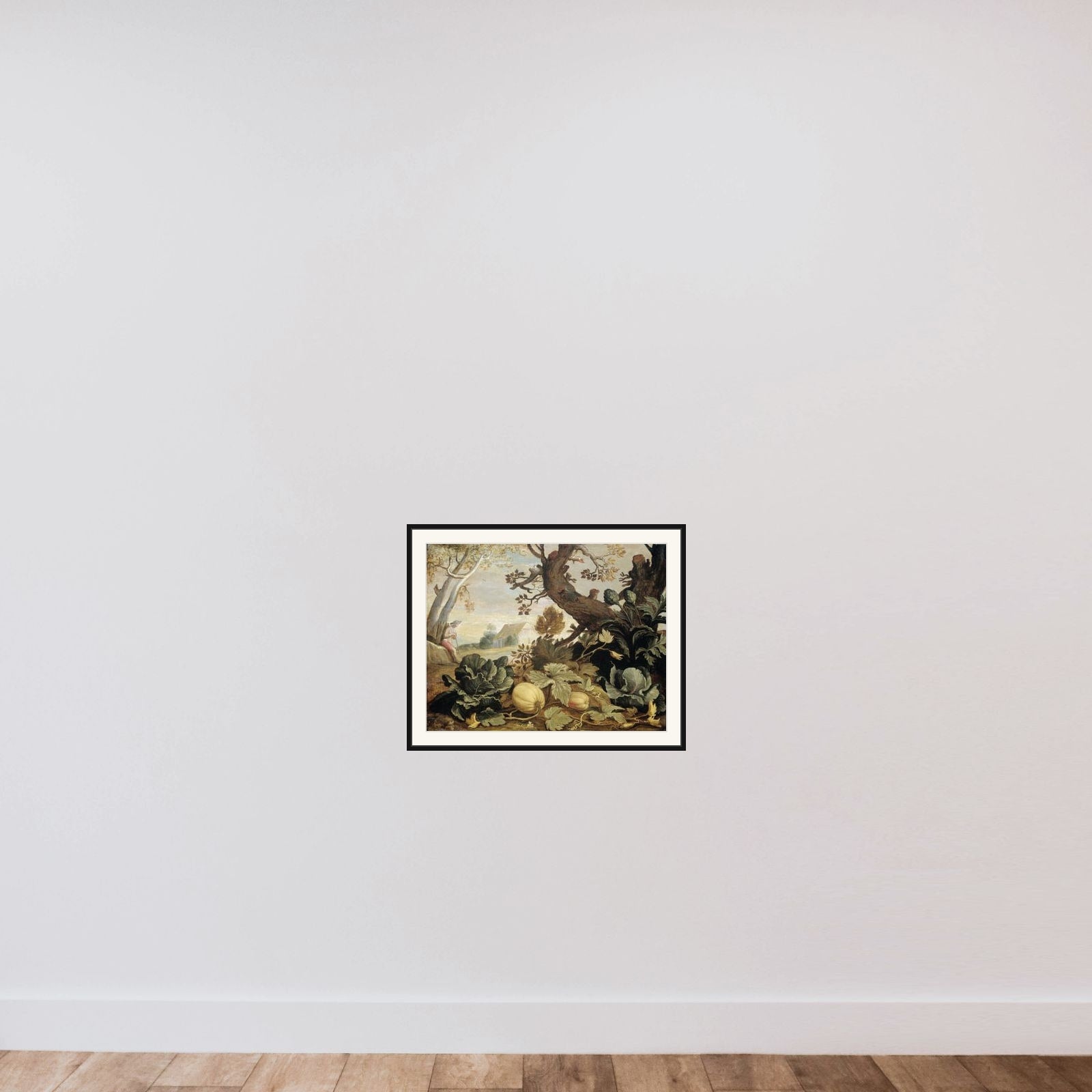 Landscape with Fruits and Vegetables in the foreground framed — shown to scale