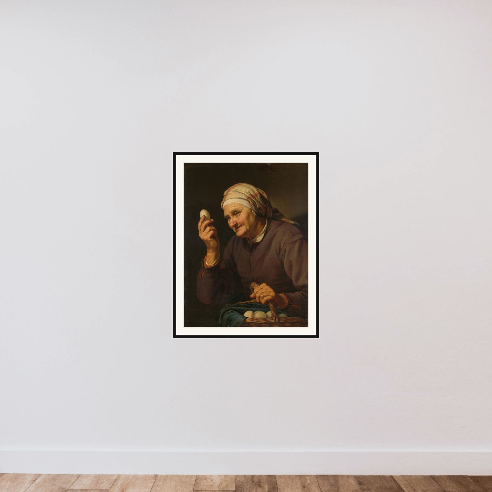 Old Woman Selling Eggs framed — shown to scale