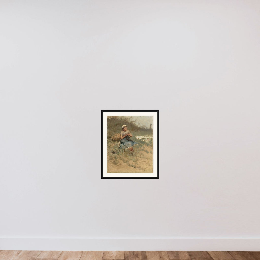 Girl Knitting framed — shown to scale