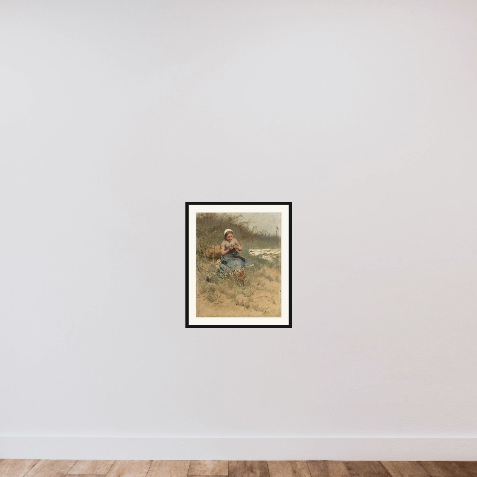 Girl Knitting framed — shown to scale