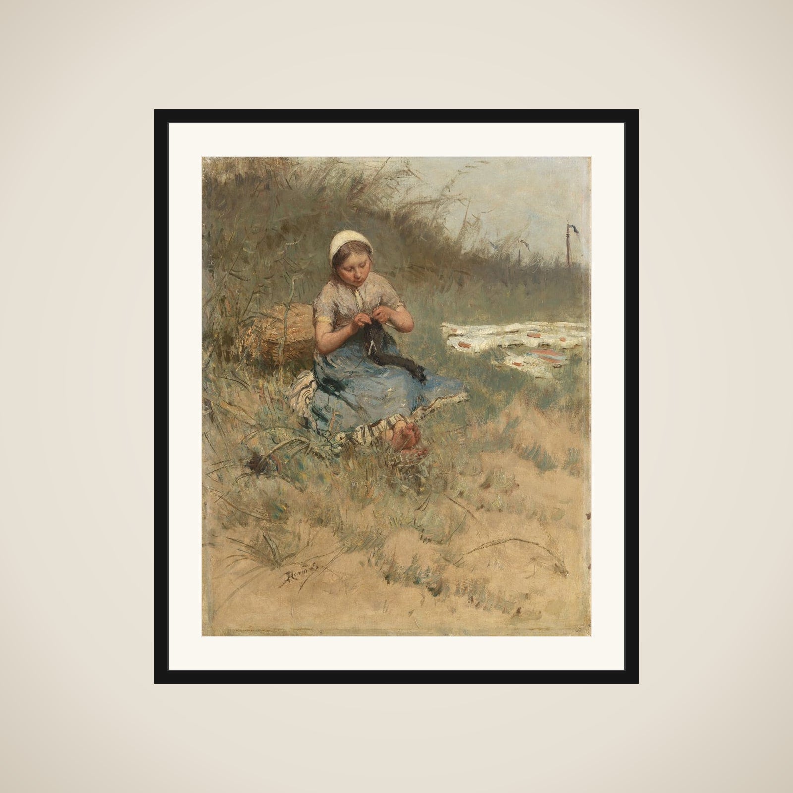 Girl Knitting framed