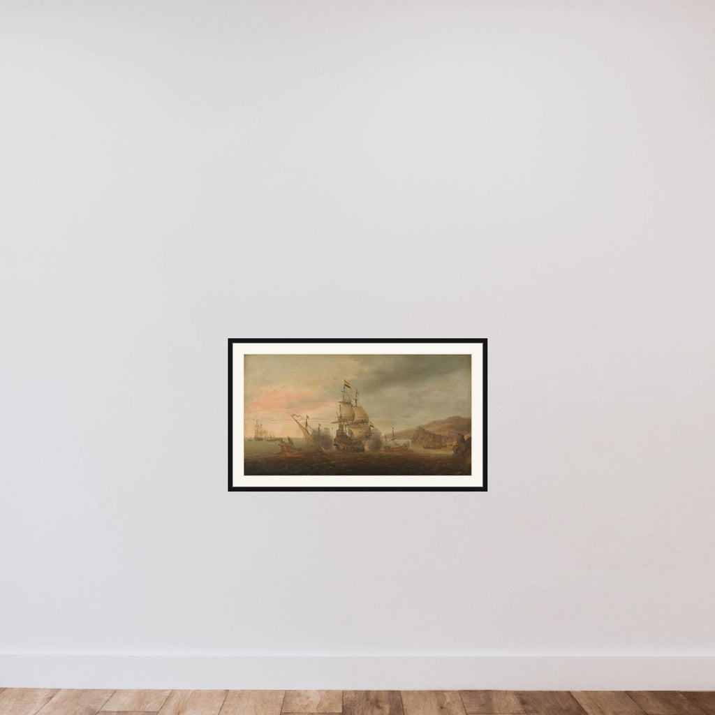 Naval Battle between Dutch Men-of-War and Spanish Galleys framed — shown to scale