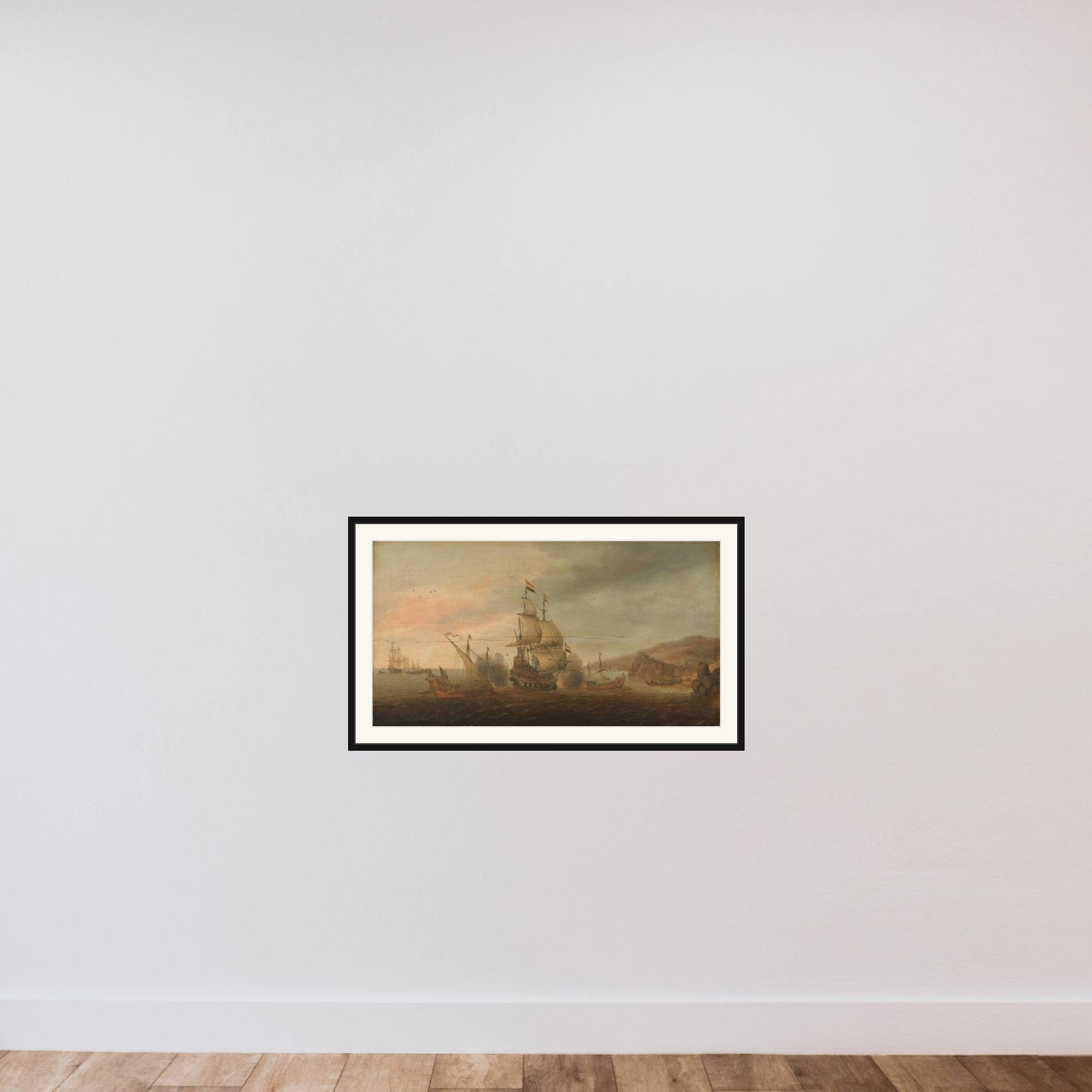Naval Battle between Dutch Men-of-War and Spanish Galleys framed — shown to scale