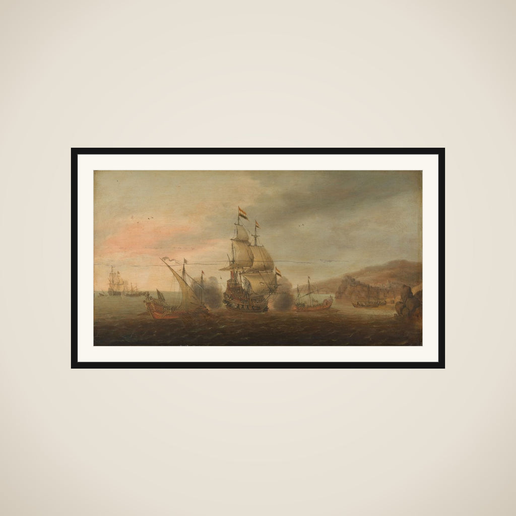 Naval Battle between Dutch Men-of-War and Spanish Galleys framed