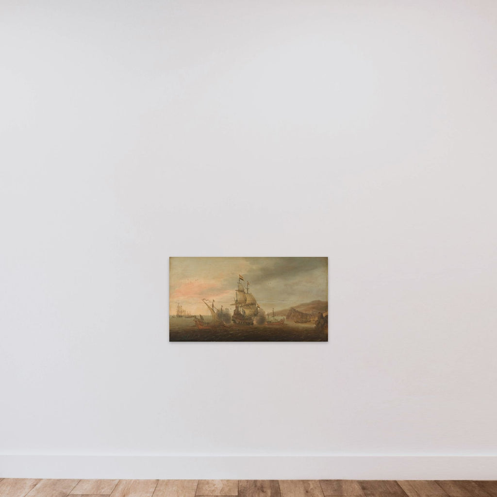 Naval Battle between Dutch Men-of-War and Spanish Galleys unframed — shown to scale