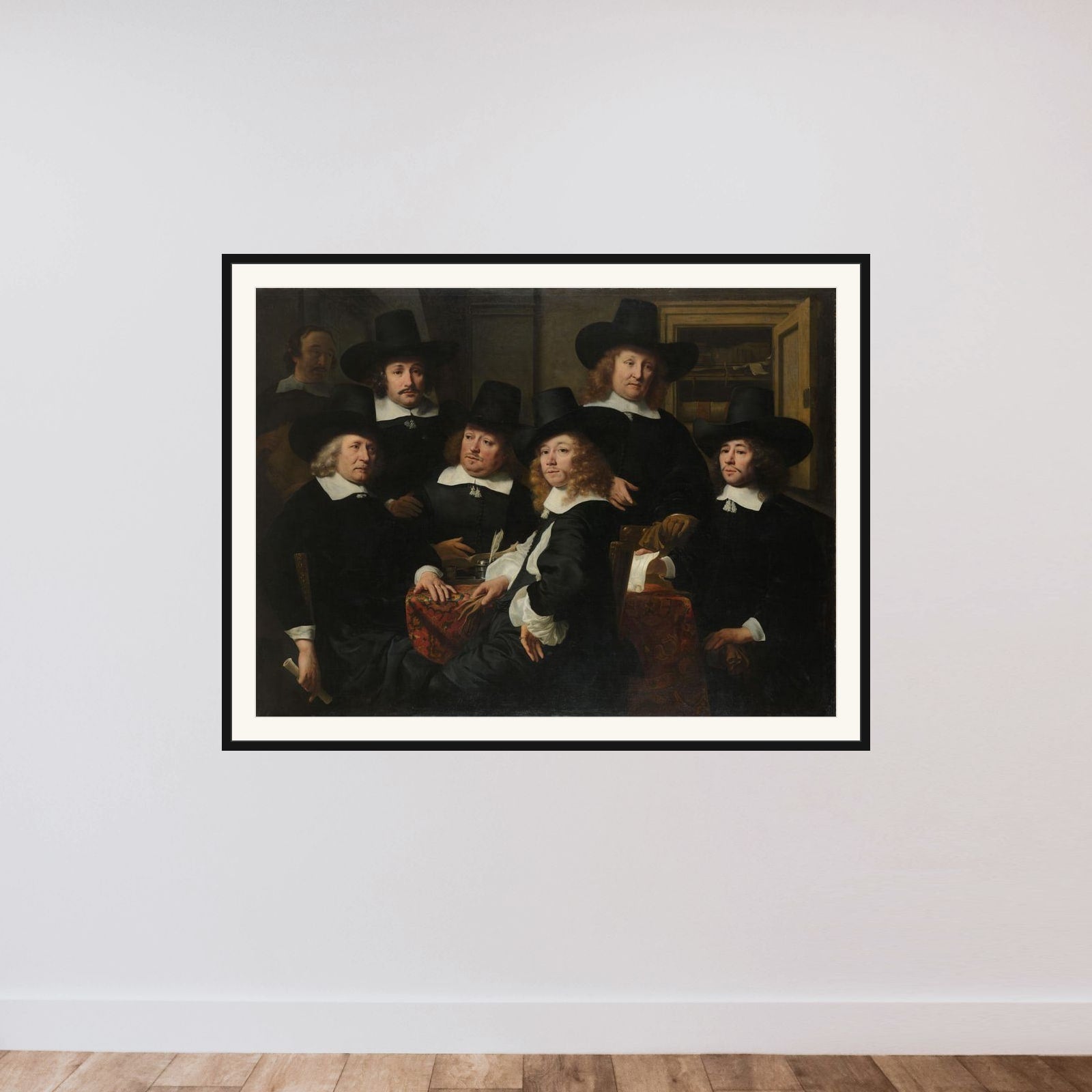 Six Regents and the Beadle of the Nieuwezijds Institute for the Outdoor Relief of the Poor, Amsterdam, 1657 framed — shown to scale