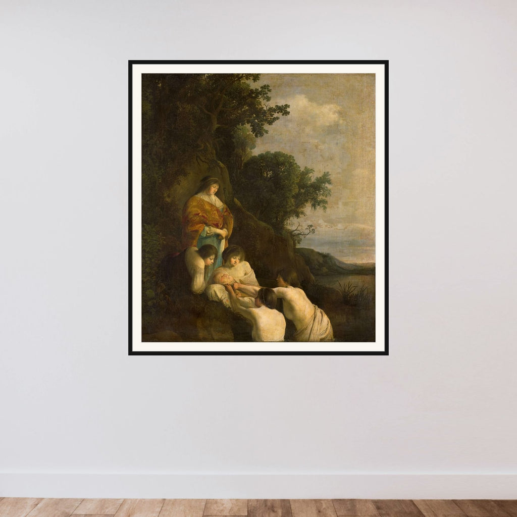 Pharaoh's Daughter Discovers Moses in the Rush Basket framed — shown to scale