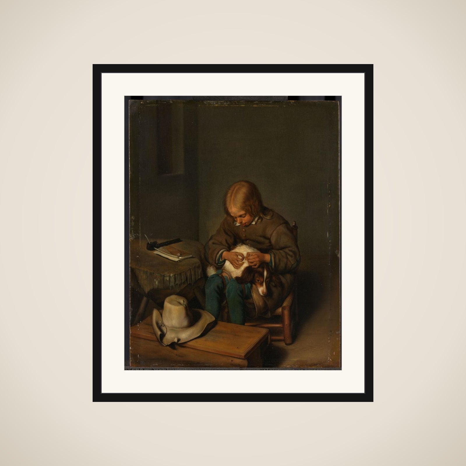 Boy Fleaing a Dog framed