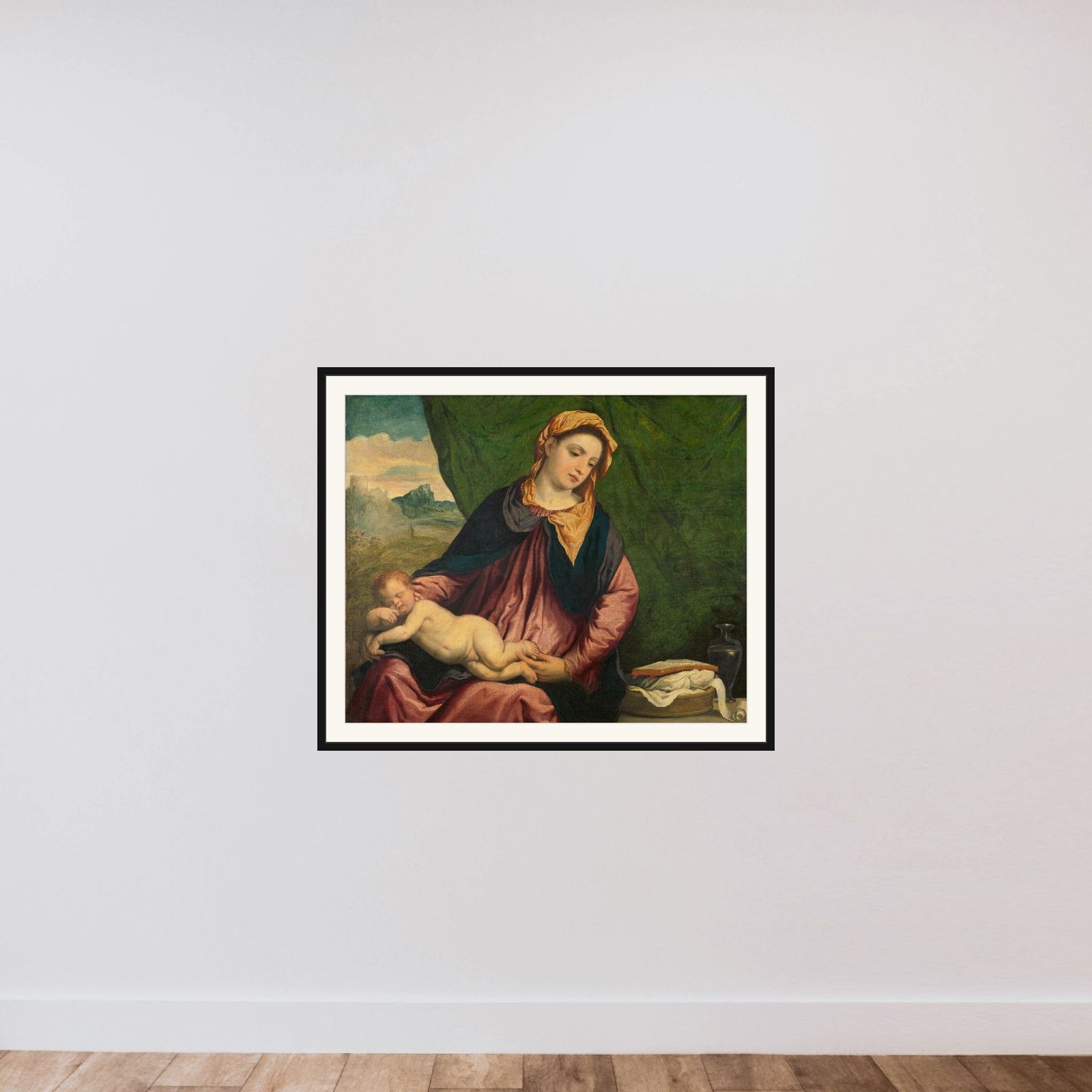 Madonna with Sleeping Child framed — shown to scale