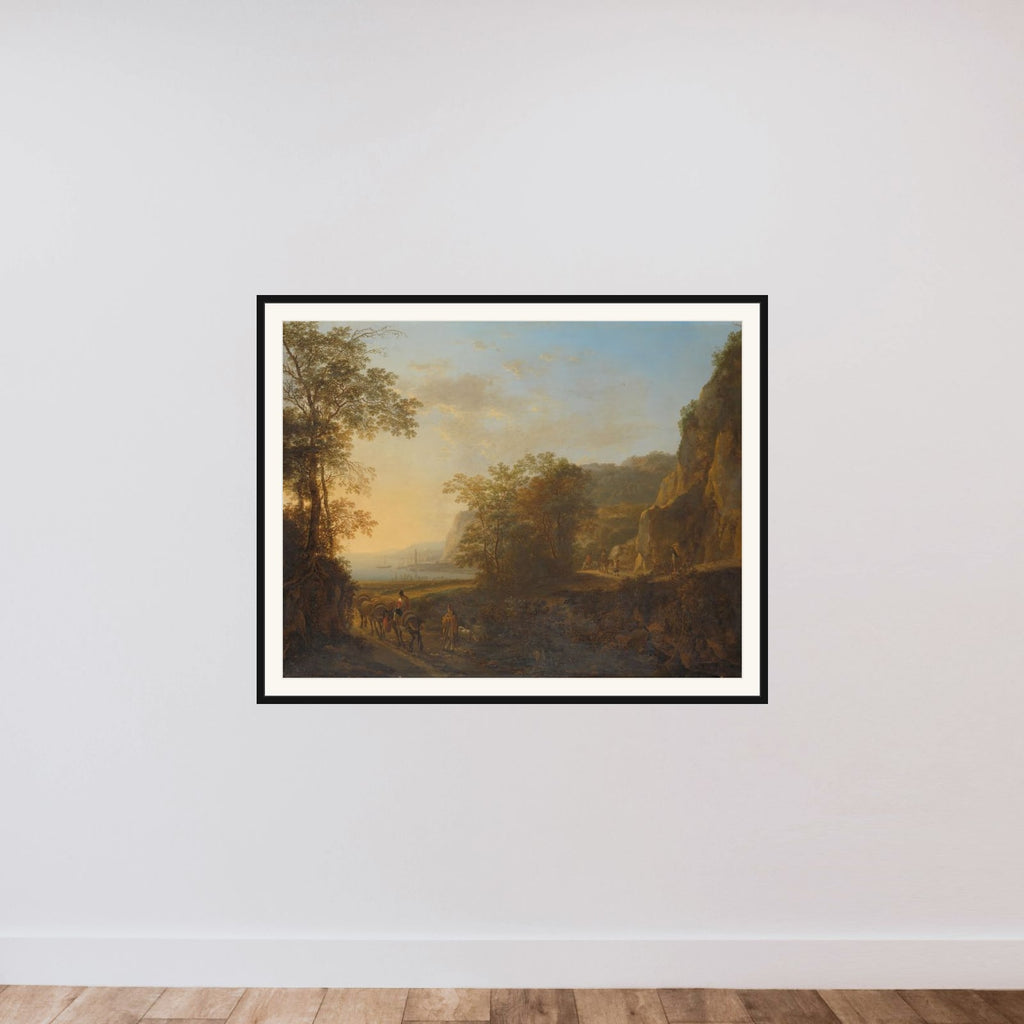 Italian Landscape with a View of a Harbour framed — shown to scale