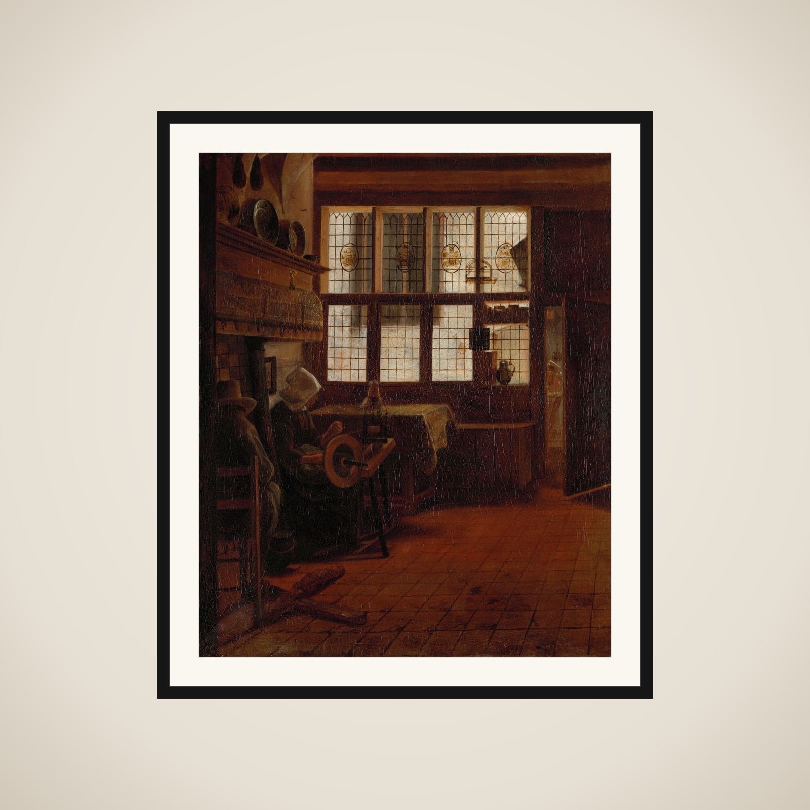 Interior with Woman at the Spinning Wheel framed