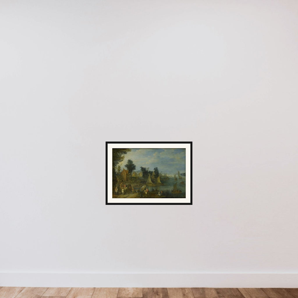 Village on the Bank of a River framed — shown to scale
