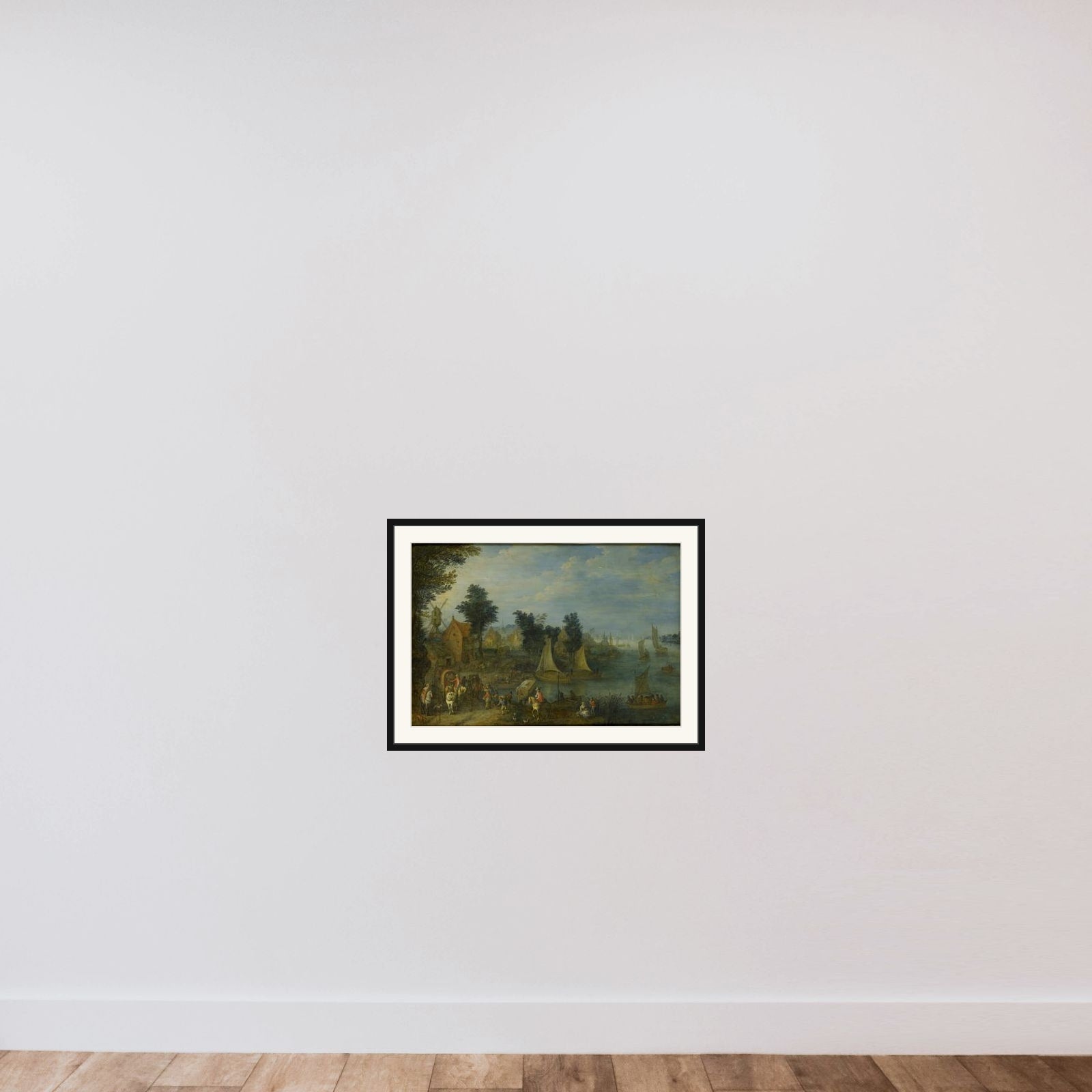 Village on the Bank of a River framed — shown to scale