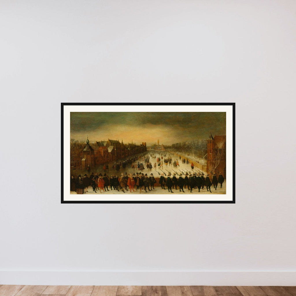 The Vijverberg, The Hague, in Winter, with Prince Maurits and his Retinue in the Foreground framed — shown to scale