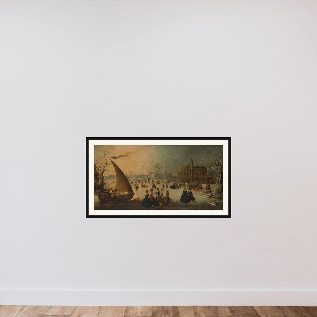 Landscape with Frozen Canal, Skaters and an Ice-Boat framed — shown to scale