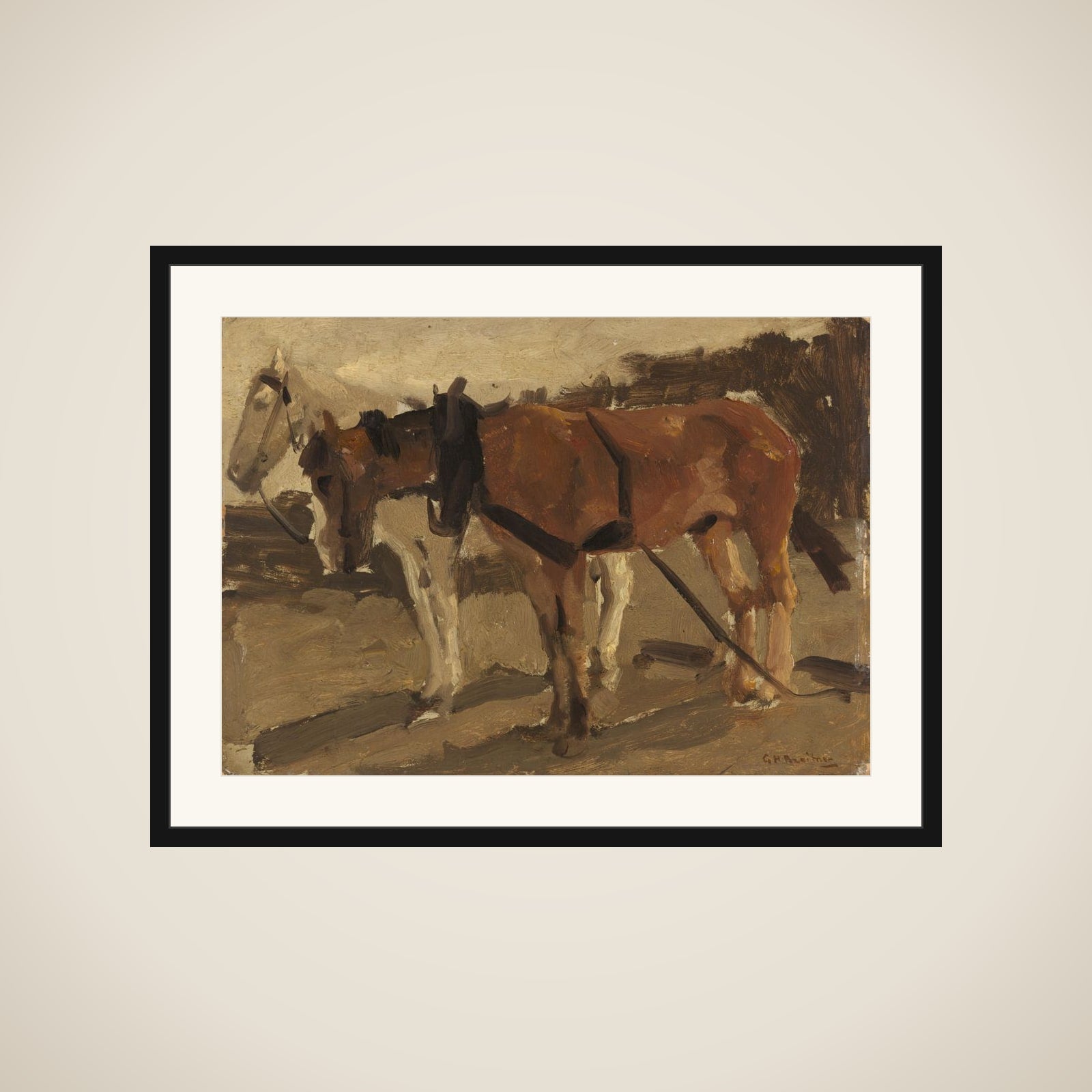A Brown and a White Horse in Scheveningen framed
