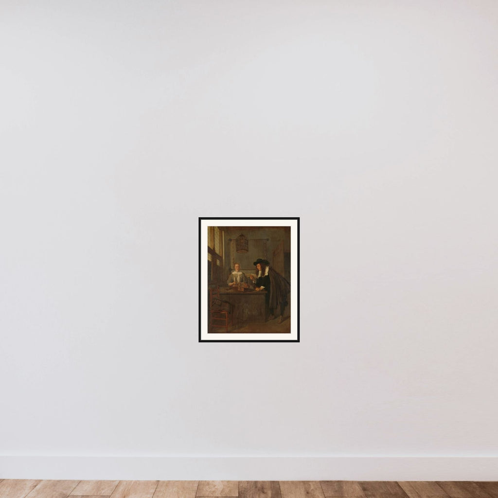 Interior with Lace-Worker and a Visitor framed — shown to scale