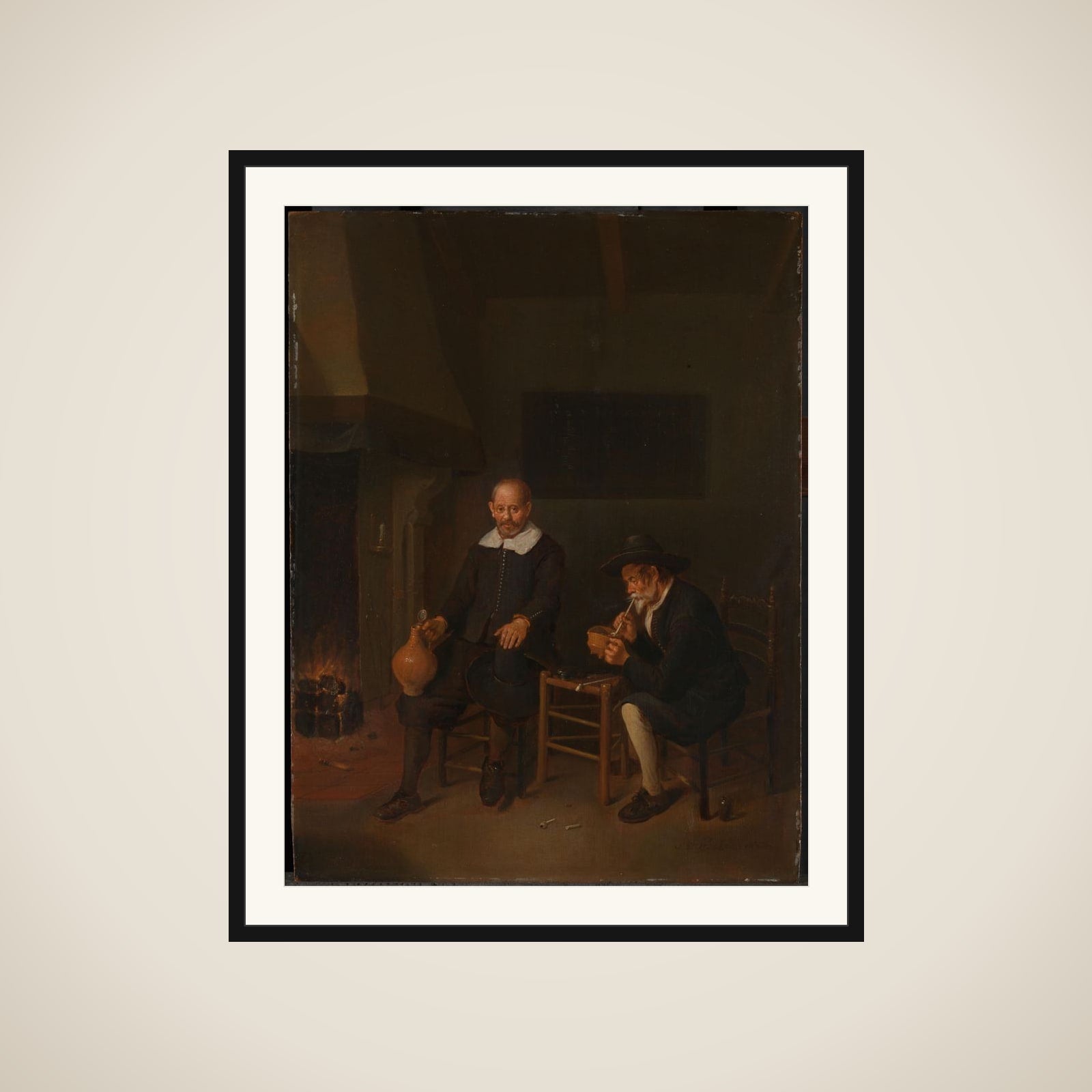 Interior with Two Men by the Fireside framed