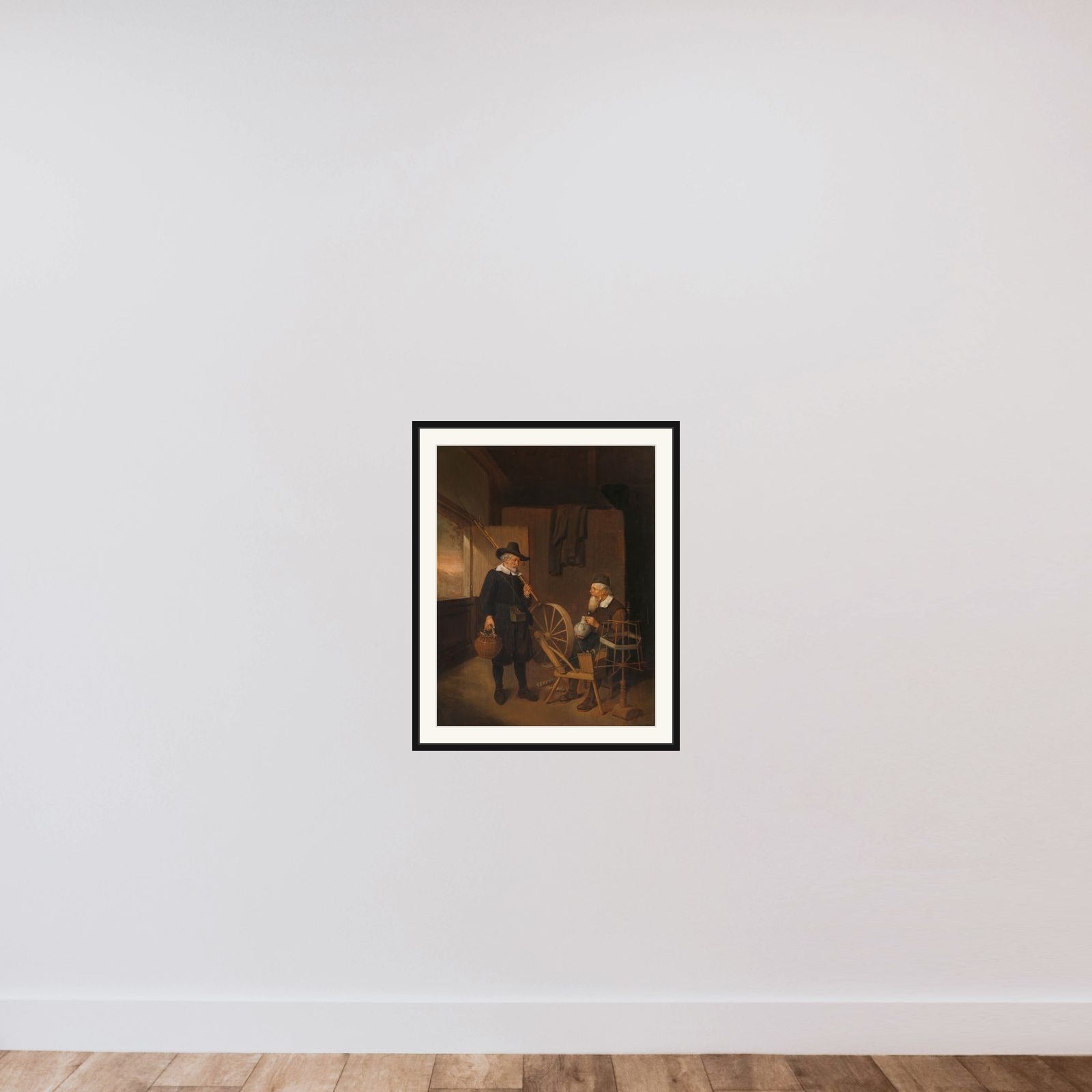 Interior with Fisherman and Man beside a Bobbin and Spool framed — shown to scale