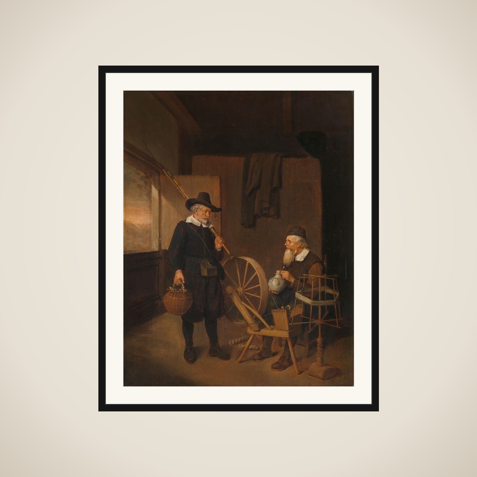 Interior with Fisherman and Man beside a Bobbin and Spool framed