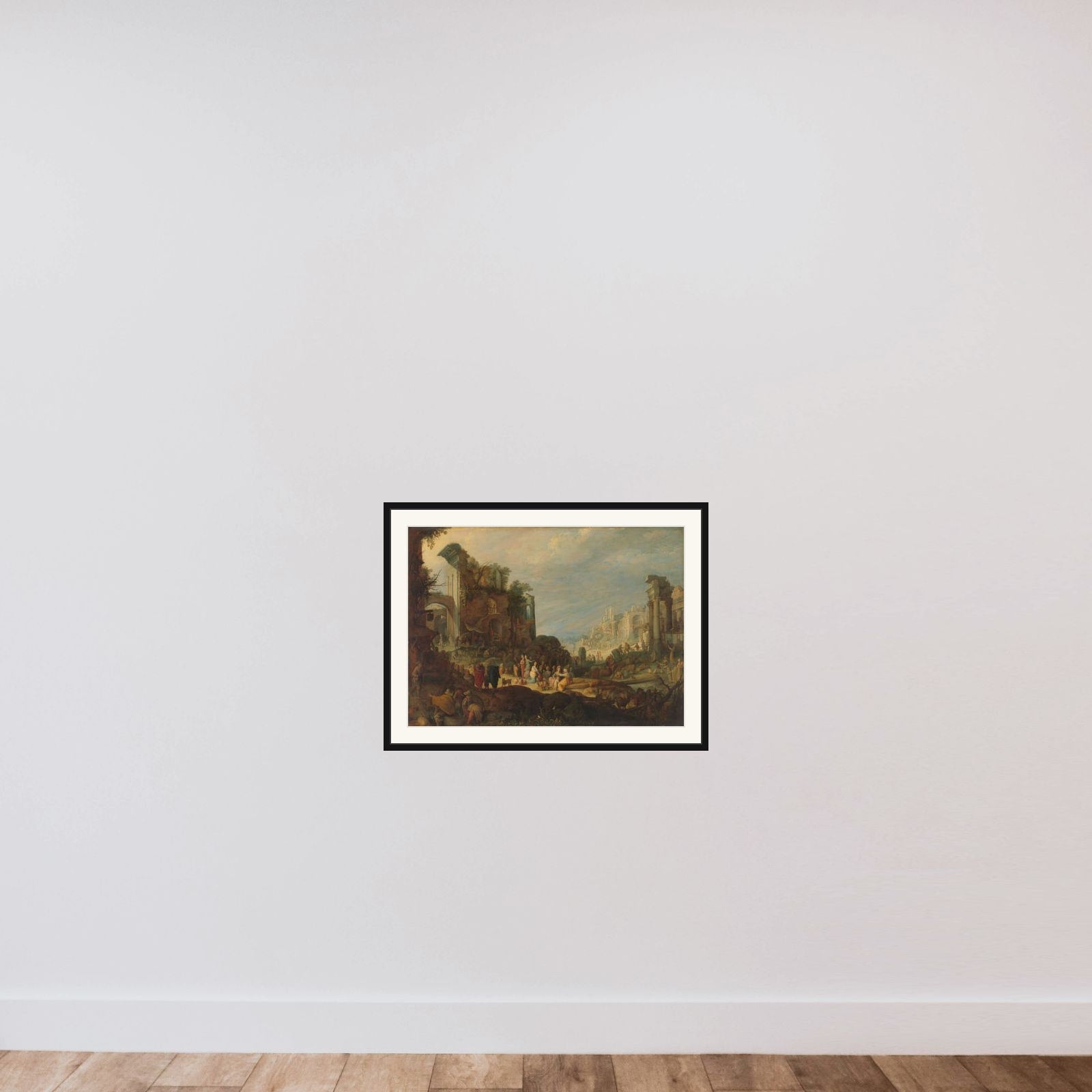 Travellers among Roman Ruins with Rebecca and Eliezer at the Well framed — shown to scale