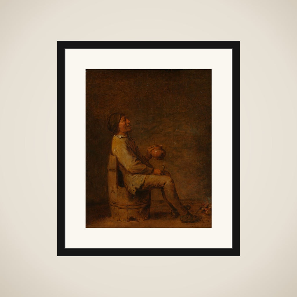 Man Seated Holding a Pipe and a Jug in an Interior framed
