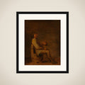 Man Seated Holding a Pipe and a Jug in an Interior framed