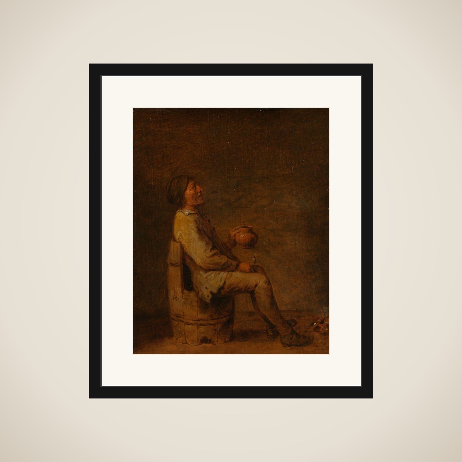Man Seated Holding a Pipe and a Jug in an Interior framed