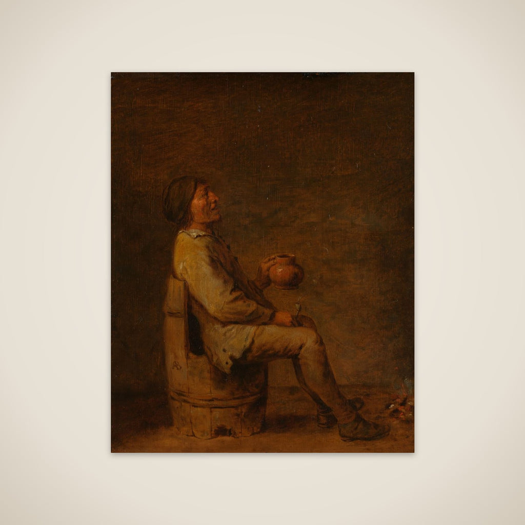 Man Seated Holding a Pipe and a Jug in an Interior unframed print