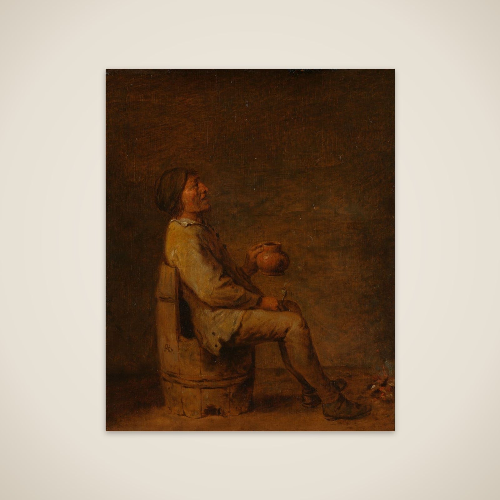 Man Seated Holding a Pipe and a Jug in an Interior unframed print