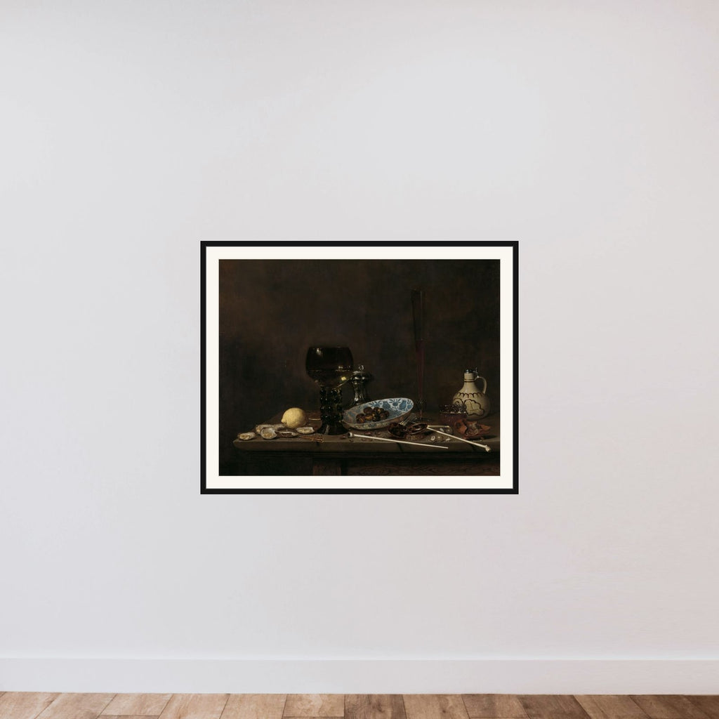Still Life with Roemer, Salt Cellar, Tobacco, Lemon, and Olives framed — shown to scale