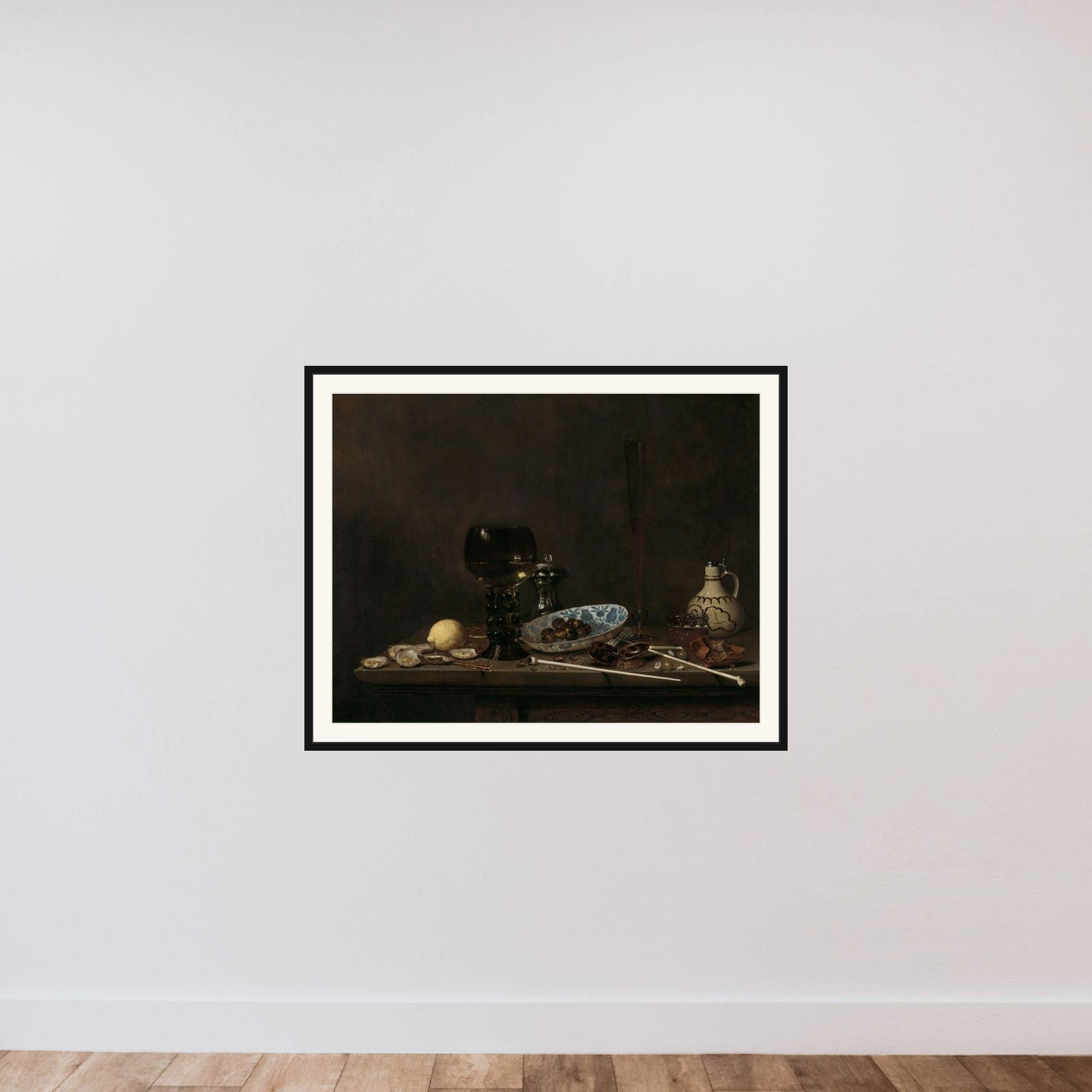 Still Life with Roemer, Salt Cellar, Tobacco, Lemon, and Olives framed — shown to scale