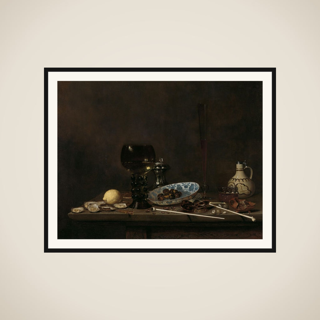 Still Life with Roemer, Salt Cellar, Tobacco, Lemon, and Olives framed