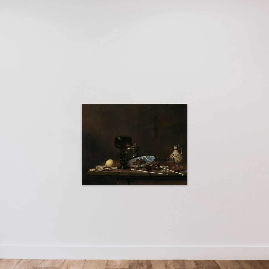 Still Life with Roemer, Salt Cellar, Tobacco, Lemon, and Olives unframed — shown to scale
