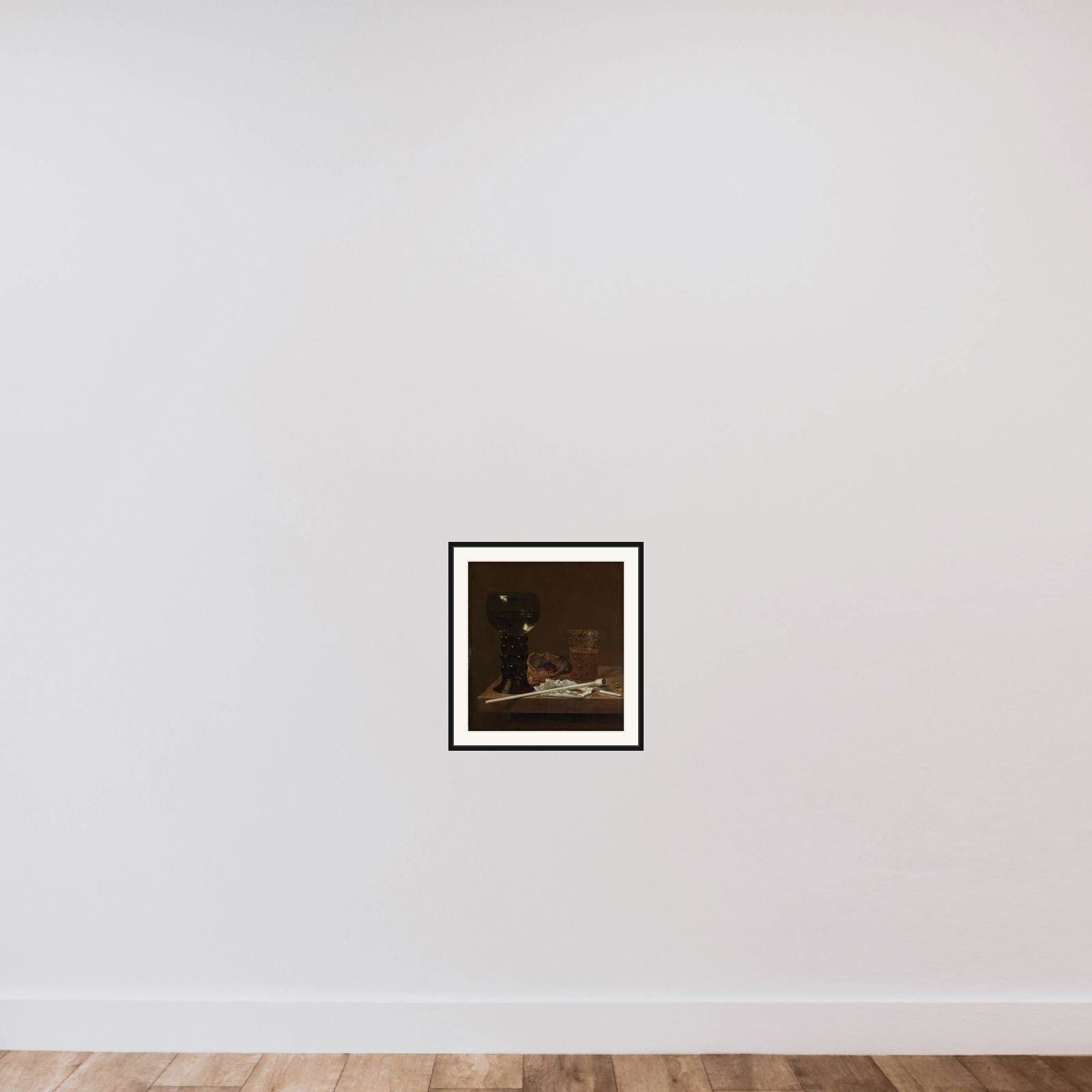 Still Life with Roemer, Beer Glass and a Pipe framed — shown to scale