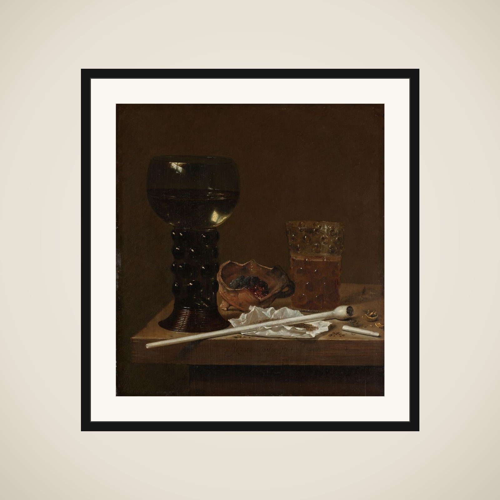 Still Life with Roemer, Beer Glass and a Pipe framed