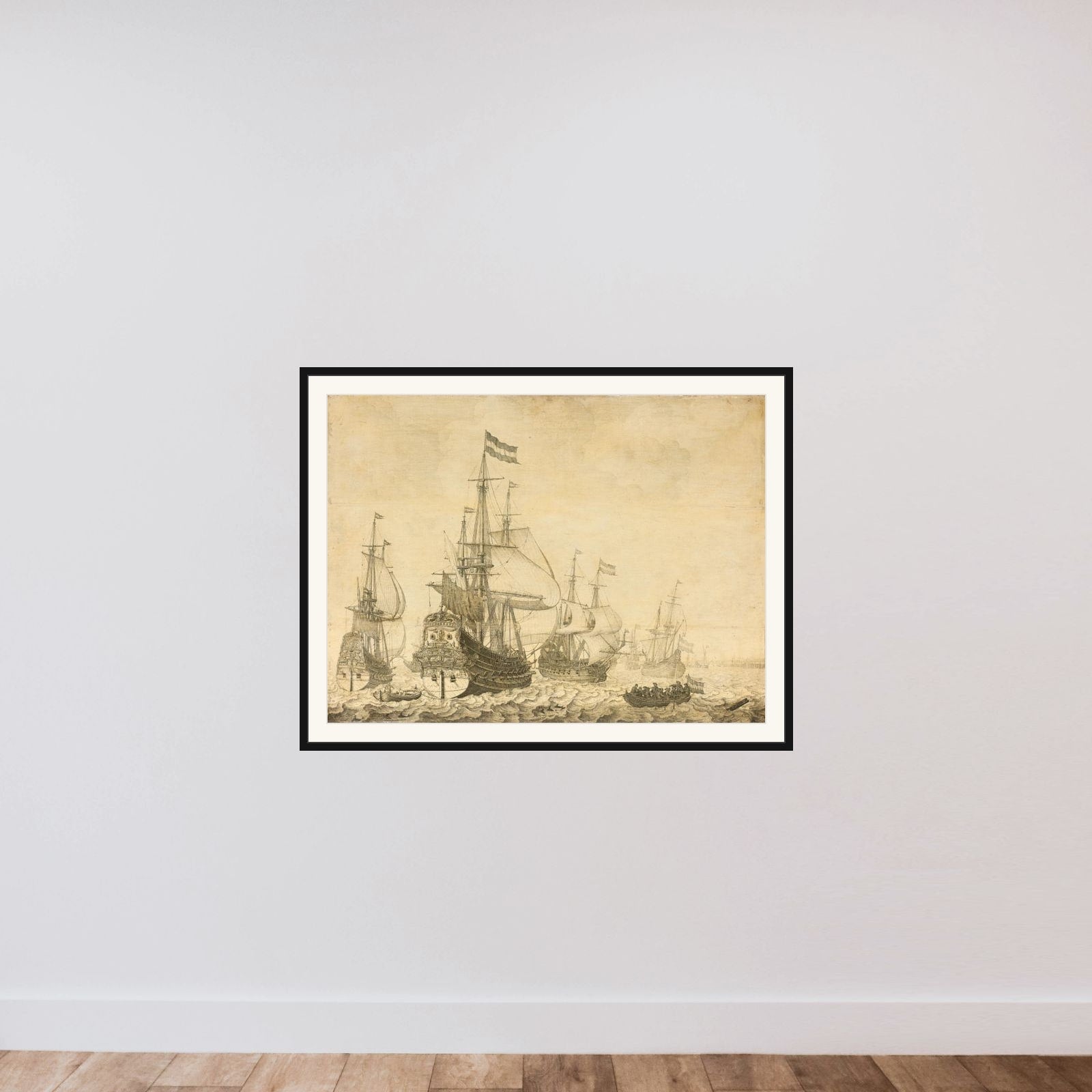 "Seascape with the Dutch Men-of-War including the "Drenthe" and the "Prince Frederick-Henry"" framed — shown to scale