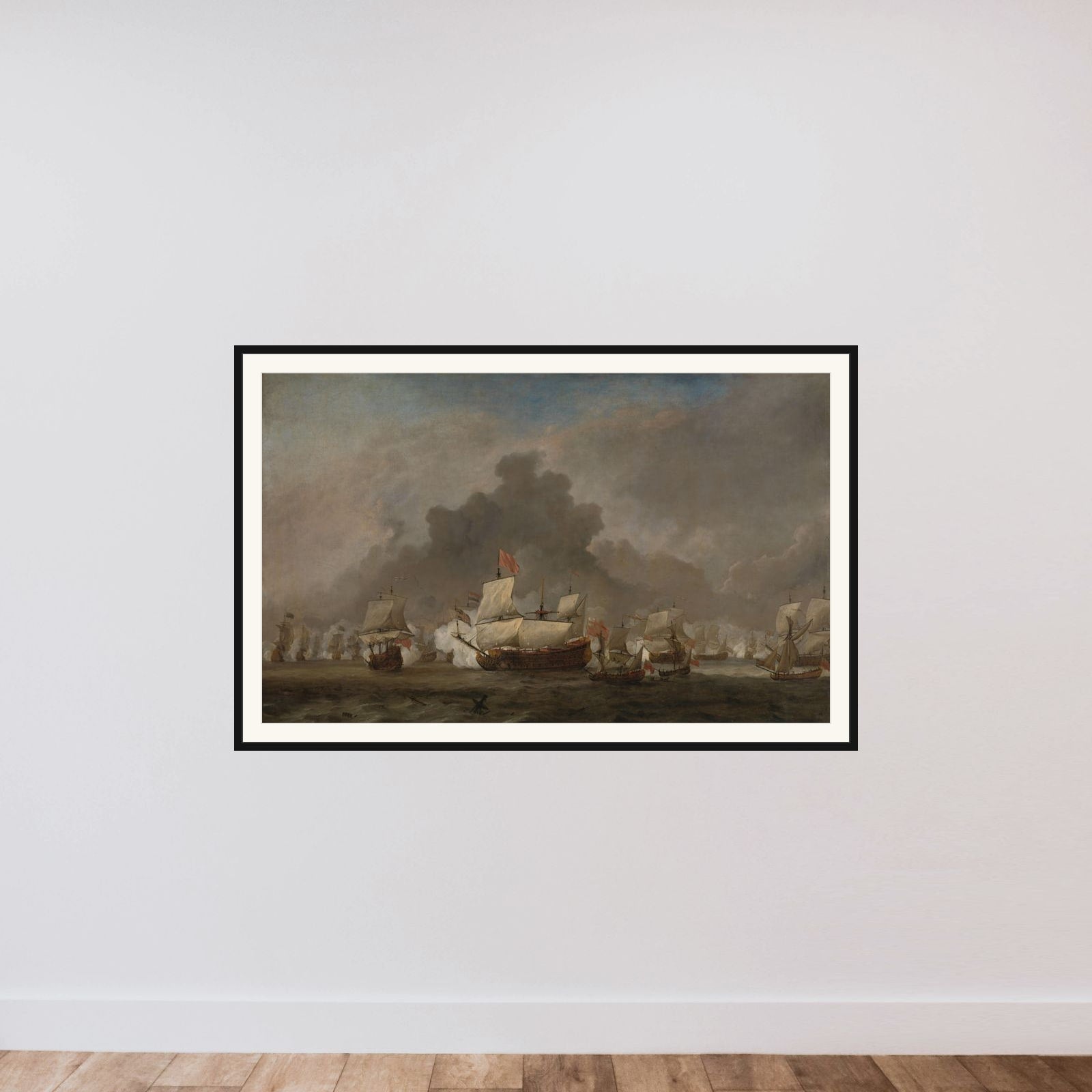 "Naval Battle between Michiel Adriaenszoon de Ruyter and the Duke of York on the ""Royal Prince"" during the Battle of Solebay, 7 June 1672:  episode from the Third Anglo-Dutch War" framed — shown to scale