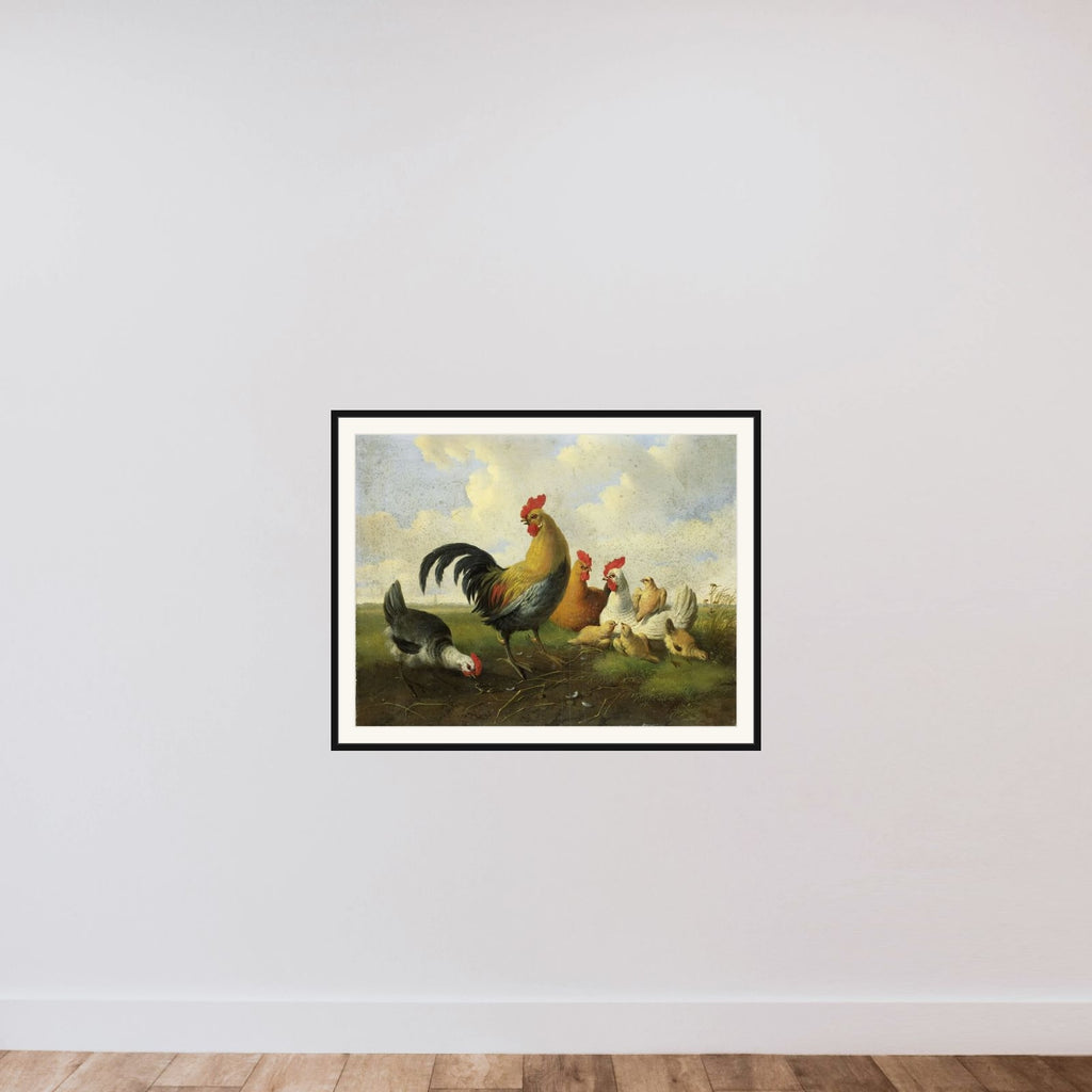 A rooster with Hens and Chicks framed — shown to scale