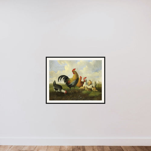 A rooster with Hens and Chicks framed — shown to scale