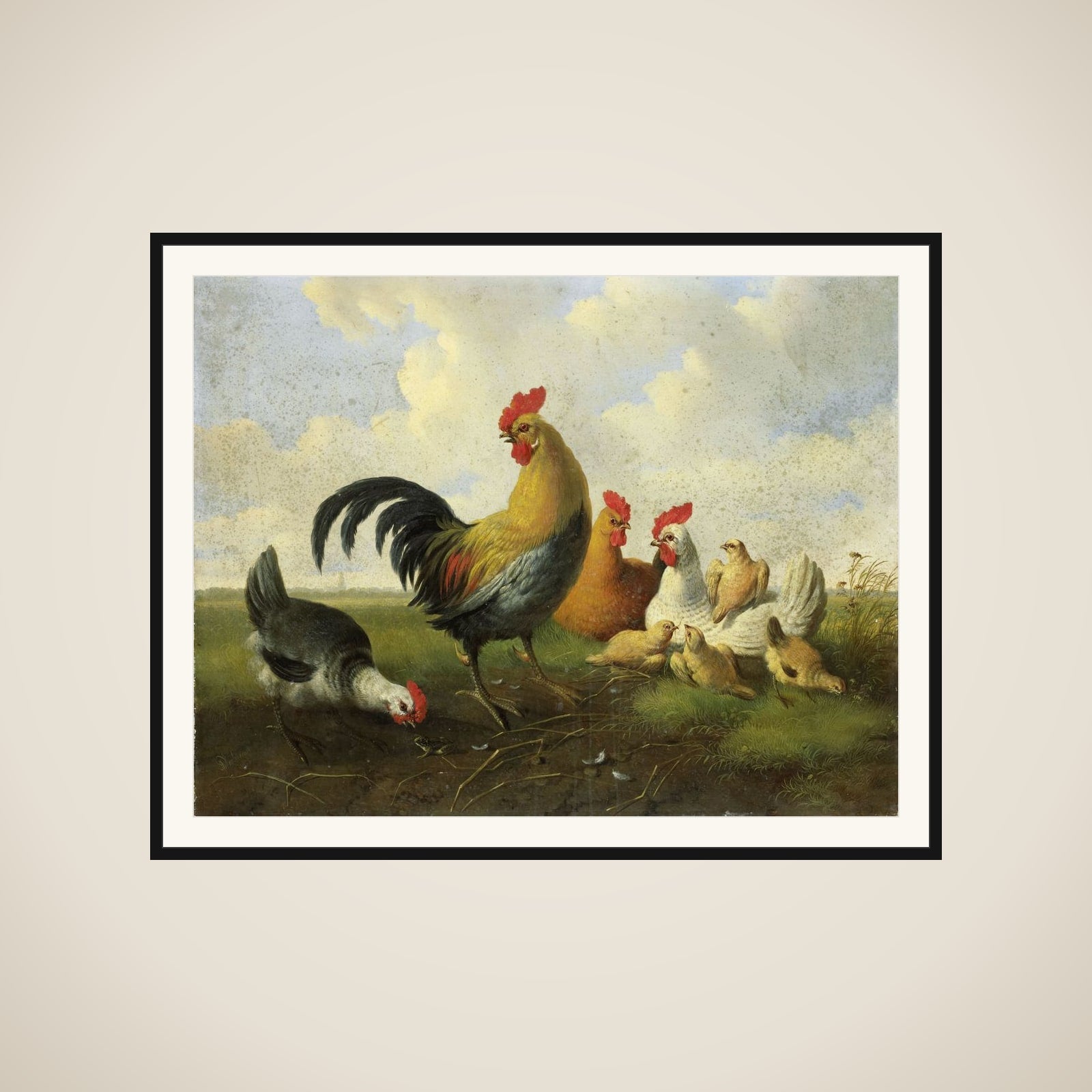 A rooster with Hens and Chicks framed