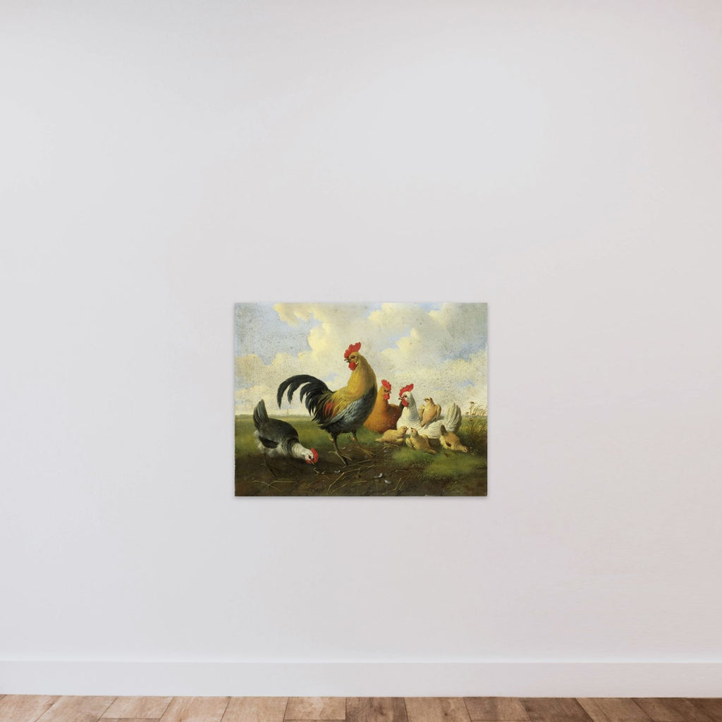 A rooster with Hens and Chicks unframed — shown to scale