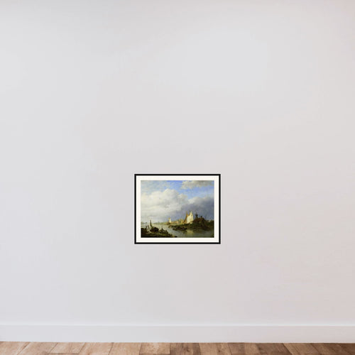Boats on a River with a Beacon of Light framed — shown to scale