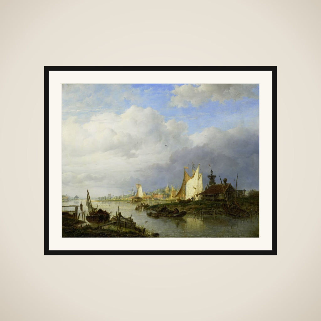 Boats on a River with a Beacon of Light framed