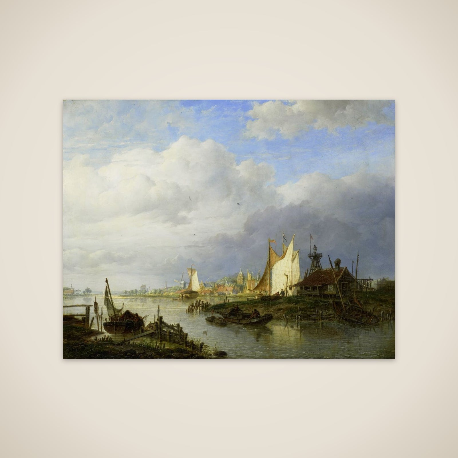 Boats on a River with a Beacon of Light unframed print