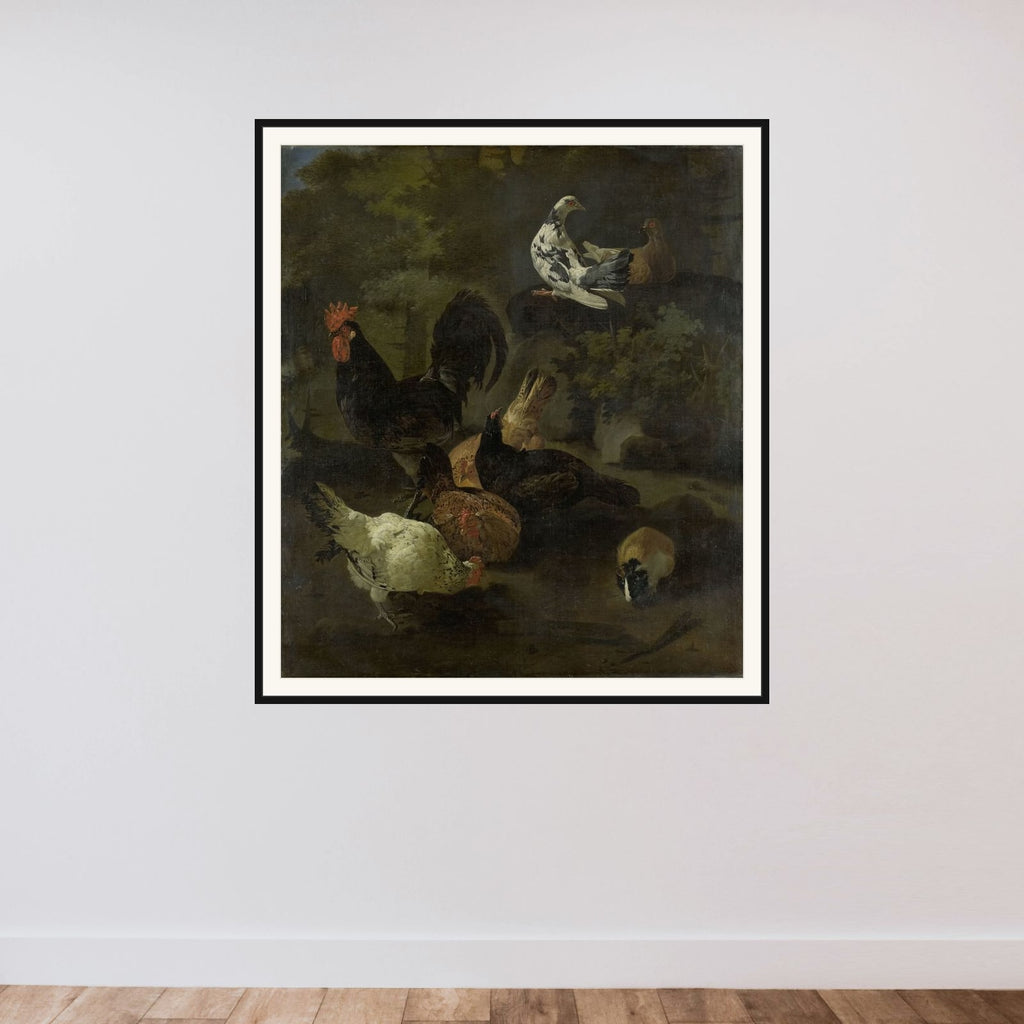 A Cock, Hens, Doves, and a Marmot framed — shown to scale