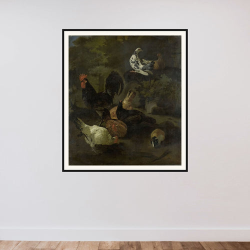 A Cock, Hens, Doves, and a Marmot framed — shown to scale