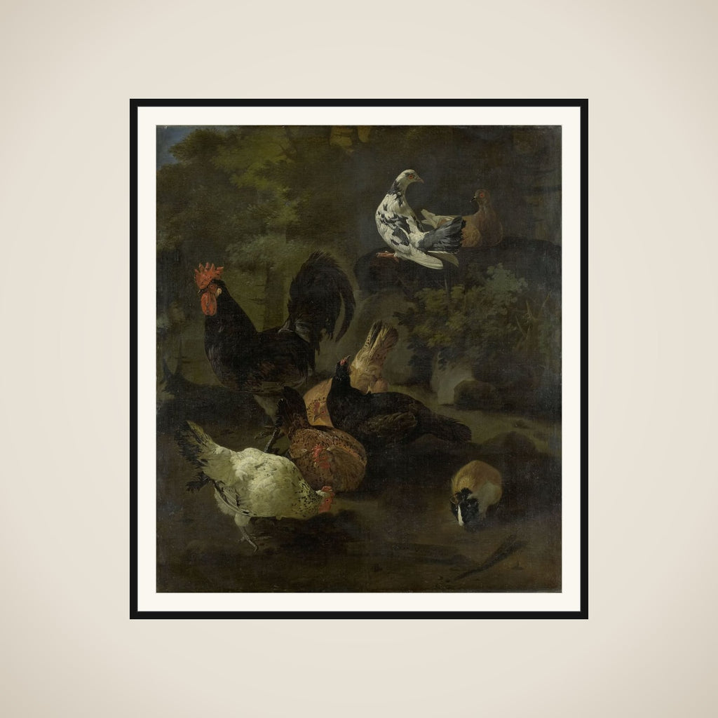 A Cock, Hens, Doves, and a Marmot framed